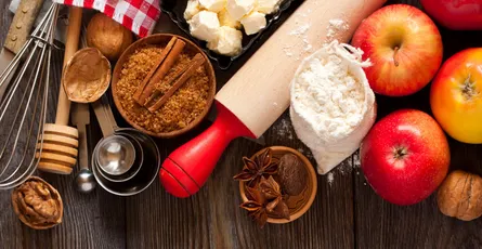 Spices, apples, dough, cinnamon, bowl, spoon