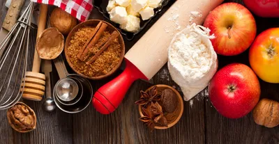 Spices, apples, dough, cinnamon, bowl, spoon