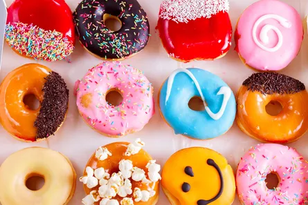 Donut assortment with sprinkles and chocolate