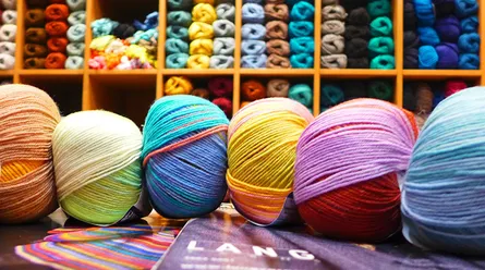Colorful skeins of yarn on display