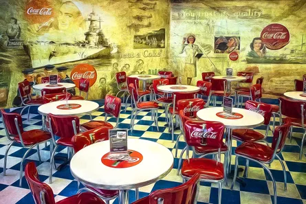 Red and white chairs around tables