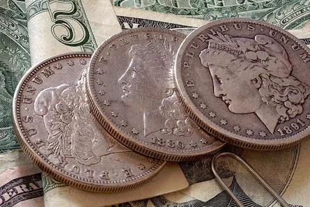 Five coins on money