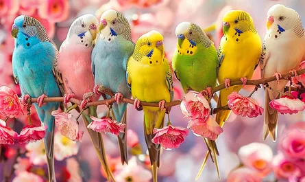 Parakeets on sticks in front of pink flowers