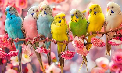 Parakeets on sticks in front of pink flowers