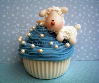 Blue Cupcake with Lamb and Sheep