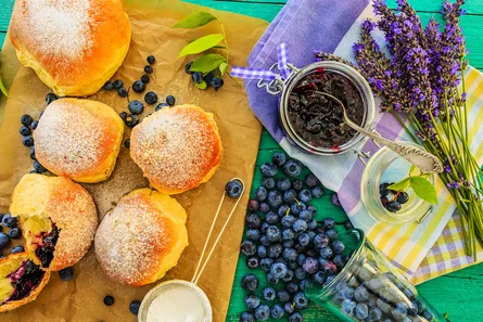 Muffins, blueberries, jar, lavender
