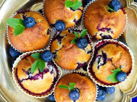 Blueberry muffins on tray