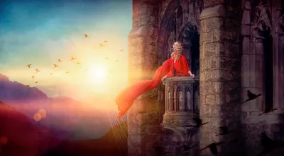 Red cloak in tower at sunset