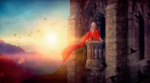 Red cloak in tower at sunset