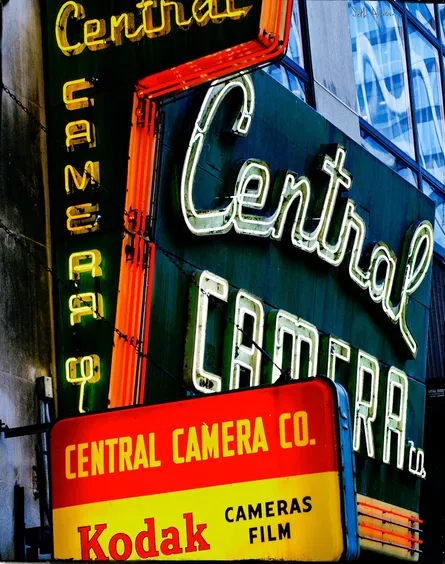 Central camera co. kodak film advertisement neon sign building