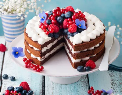 Raspberry Cake with Blueberries and Cream