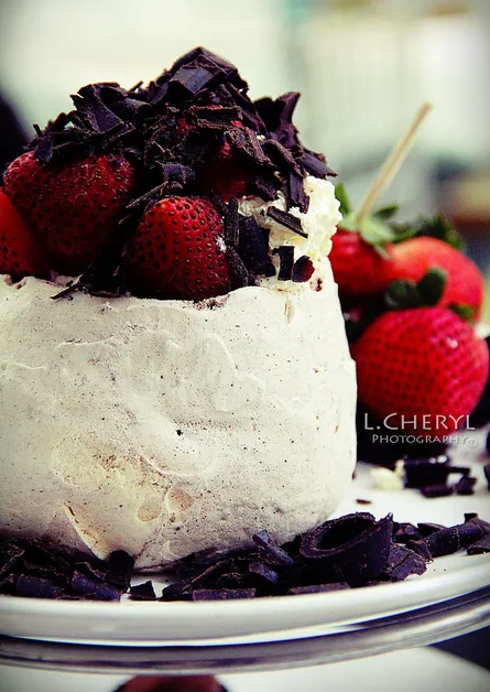 Strawberry, ice cream, chocolate shavings