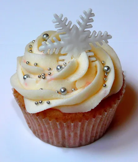 Cupcake with icing, sprinkles and snowflake on top