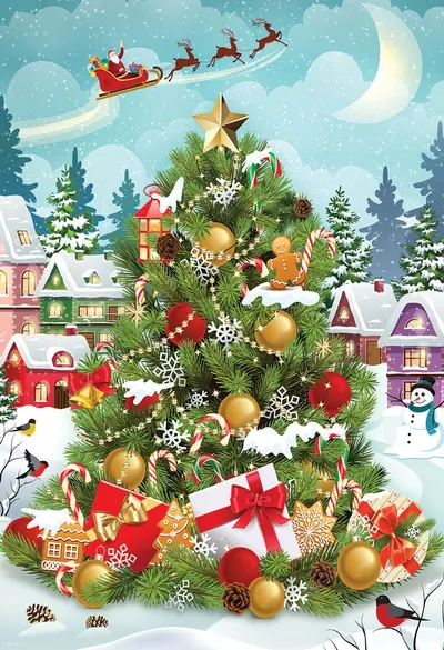Christmas tree in snowy village