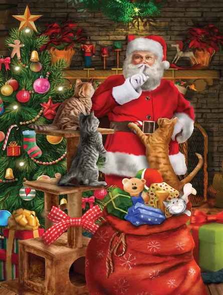 Santa enjoys playful cats