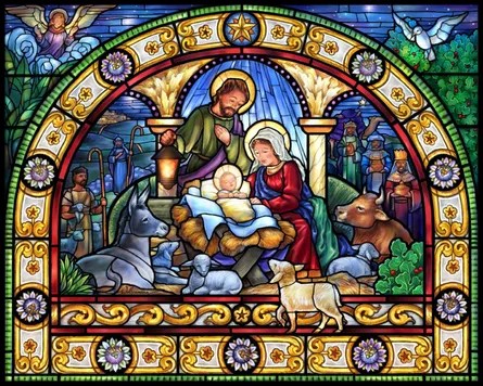 Stained glass manger scene