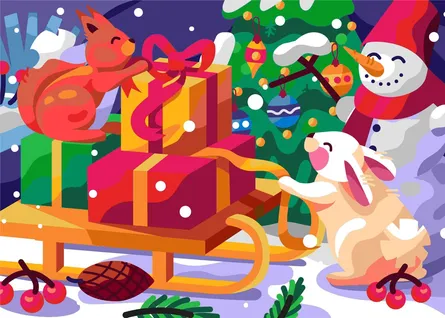 Festive animals preparing gifts