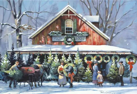 Snowy flower market scene