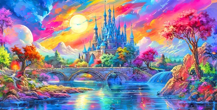 Colorful fantasy castle on river
