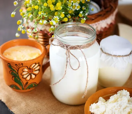Flower basket with jar of milk and sugar