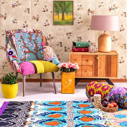 Colorful living room with chair and couch