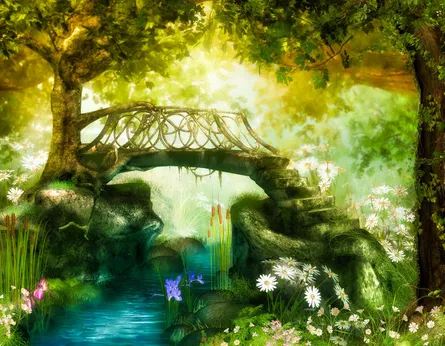 Bridge over water and plants, wood, brick, stone, trees, flowers