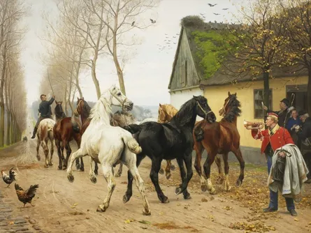 People riding horses, man feeding birds