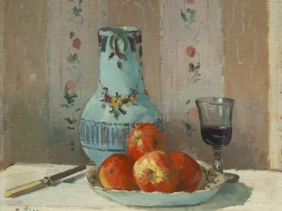 Fruit, jar, wine glass, floral patterned wallpaper
