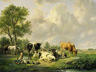 Painting of cows in a pasture