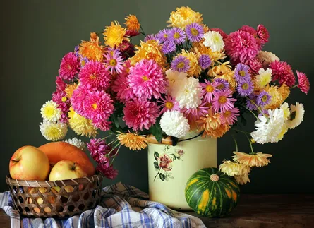 Colorful flowers and fruit
