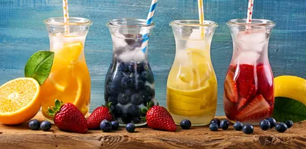 Fruits and juices on table