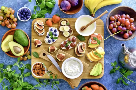 Colorful fruit and dessert on tray