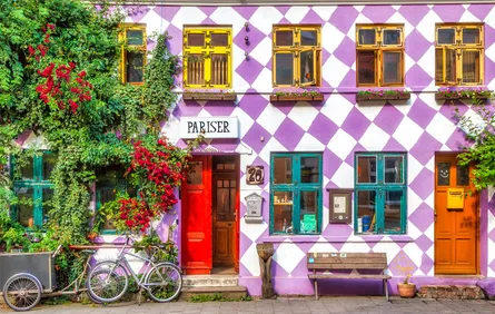 Colorful building with vines, red shutters, and purple accents