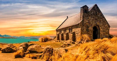 Church in field with sunset