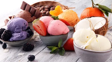 Colorful ice creams and fruits