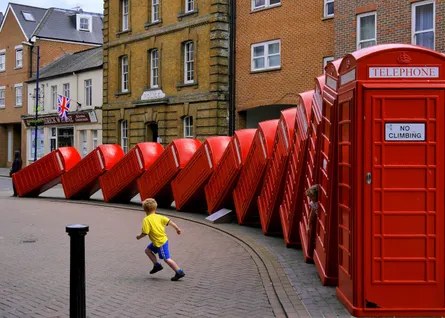 Long row of red phone booths