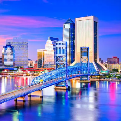 City skyline at dusk