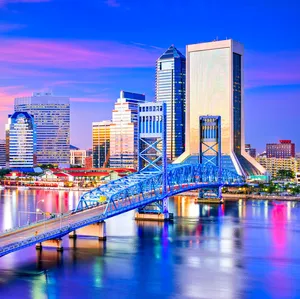 City skyline at dusk