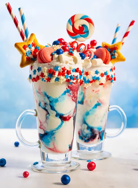 Red, white and blue ice cream sundae with candy stars and swirls