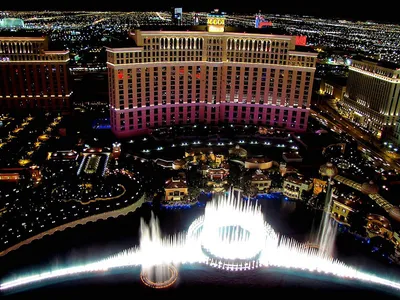 Night View of Caesars Palace and Fountains of Bellagio