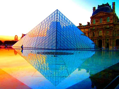 City sunset, eiffel tower reflection