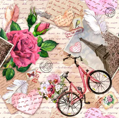 Vintage, romantic, travel-themed collage with roses, pink bicycle, love letters, and postcards