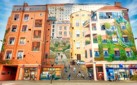 Mural building street scene vibrant colors