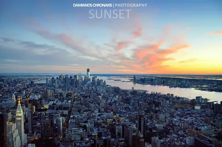 Aerial view of city at sunset