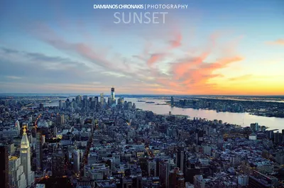 Aerial view of city at sunset