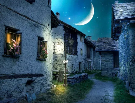 Moonlit village scene