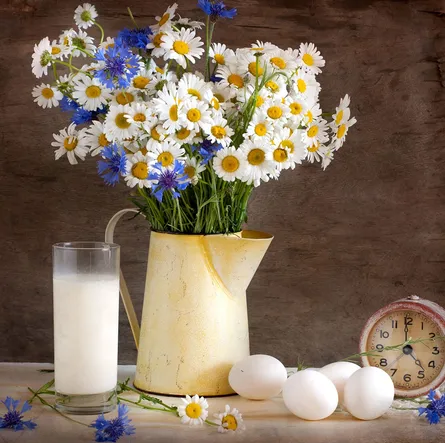 Flowers, milk jug, eggs on table