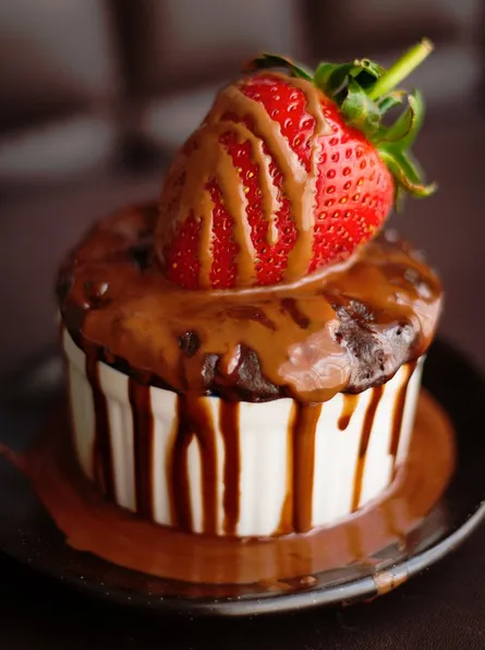 Delicious Chocolate Cake with Strawberry and Chocolate Sauce
