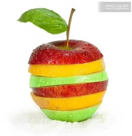 Apple slices in different fruit slices with leaf on top