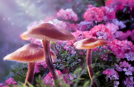 Pink flowers blooming behind mushrooms